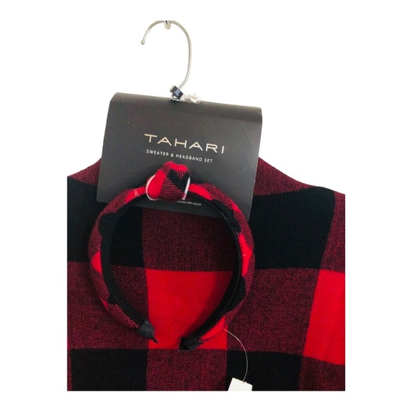 Tahari red & black plaid look mock neck sweater &‎ knotted headband size XL new - Picture 3 of 11